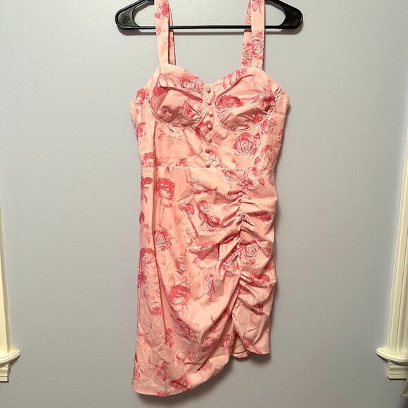 SHEIN Women's Mini Dress Medium Light Pink Roses Bustier Strappy Rutched Floral - Picture 1 of 8